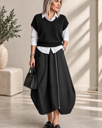 Pulover lejer cu maneci fluture si decolteu in V, negru