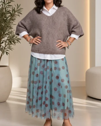 Pulover pufos cu alpaca, oversize cu maneca fluture, bej inchis