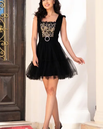 Rochie scurta in clos neagra Malfina cu fusta din tulle