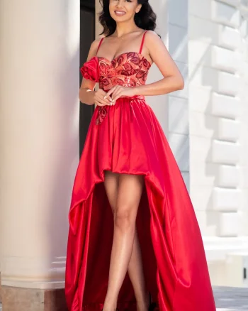 Rochie eleganta rosie Myrela asimetrica din tafta