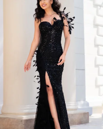 Rochie de seara din paiete negre Kenda decorata cu pene
