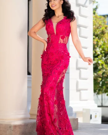 Rochie lunga zmeura sirena Alejandra cu glitter si flori 3D