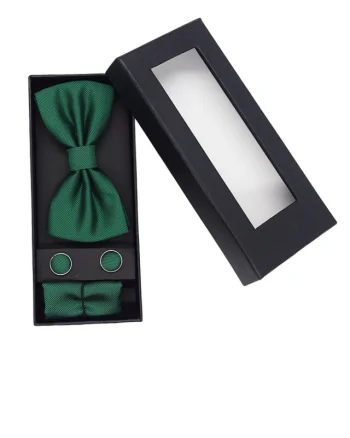 Set 3 piese Elegant, pentru barbati, papion, buton si batista din stofa, verde, EG012