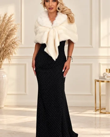 Capelină de ocazie Damaris, din blană ecologică, cu glugă, Alb, Marime OneSize