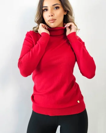 Bluza pe gat PATY Roll, cu maneca lunga si manseta striata, Rosu, Marime S/M
