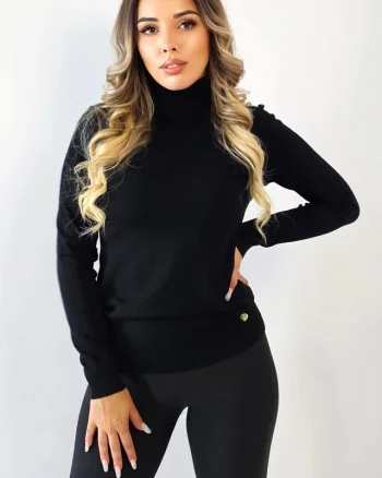 Bluza dama PATY Roll, cașmir si lână cu textură moale si densă, Negru, Marime S/M