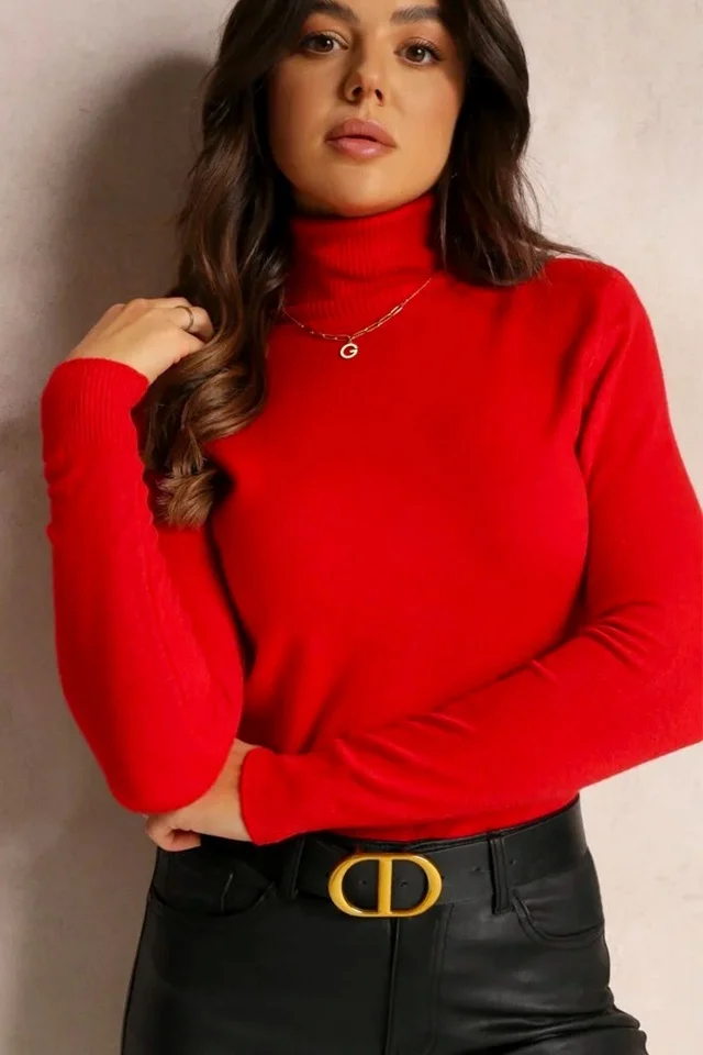 Pulover dama din tricot ARYA, cu guler rulat, Rosu, Marime S/M
