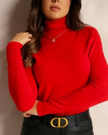Pulover dama din tricot ARYA, cu guler rulat, Rosu, Marime S/M