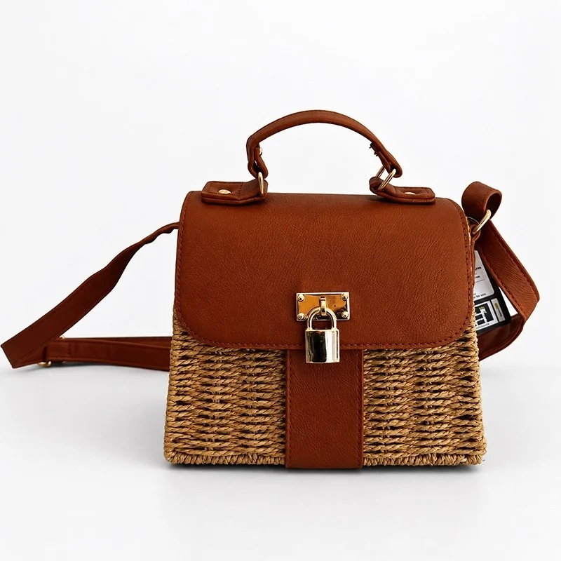 Geanta crossbody Eda, din rachita si piele ecologica, Maro ciocolata