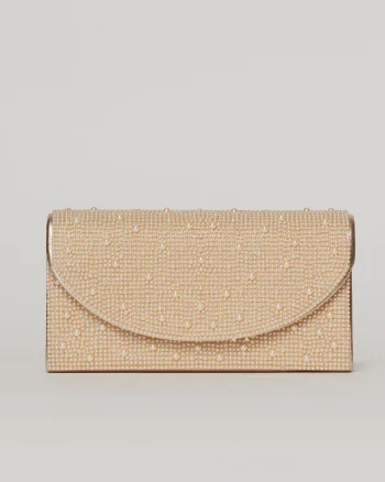 Clutch rose metalizat cu clapeta curbata si perlute aplicate