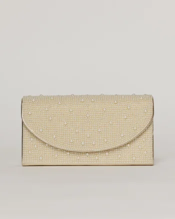 Clutch auriu metalizat cu clapeta curbata si decoratii aplicate