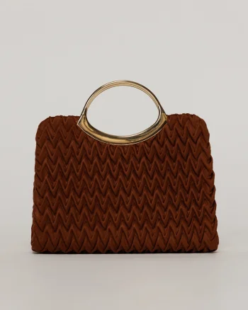 Clutch elegant caramiziu din piele ecologica intoarsa cu design modern