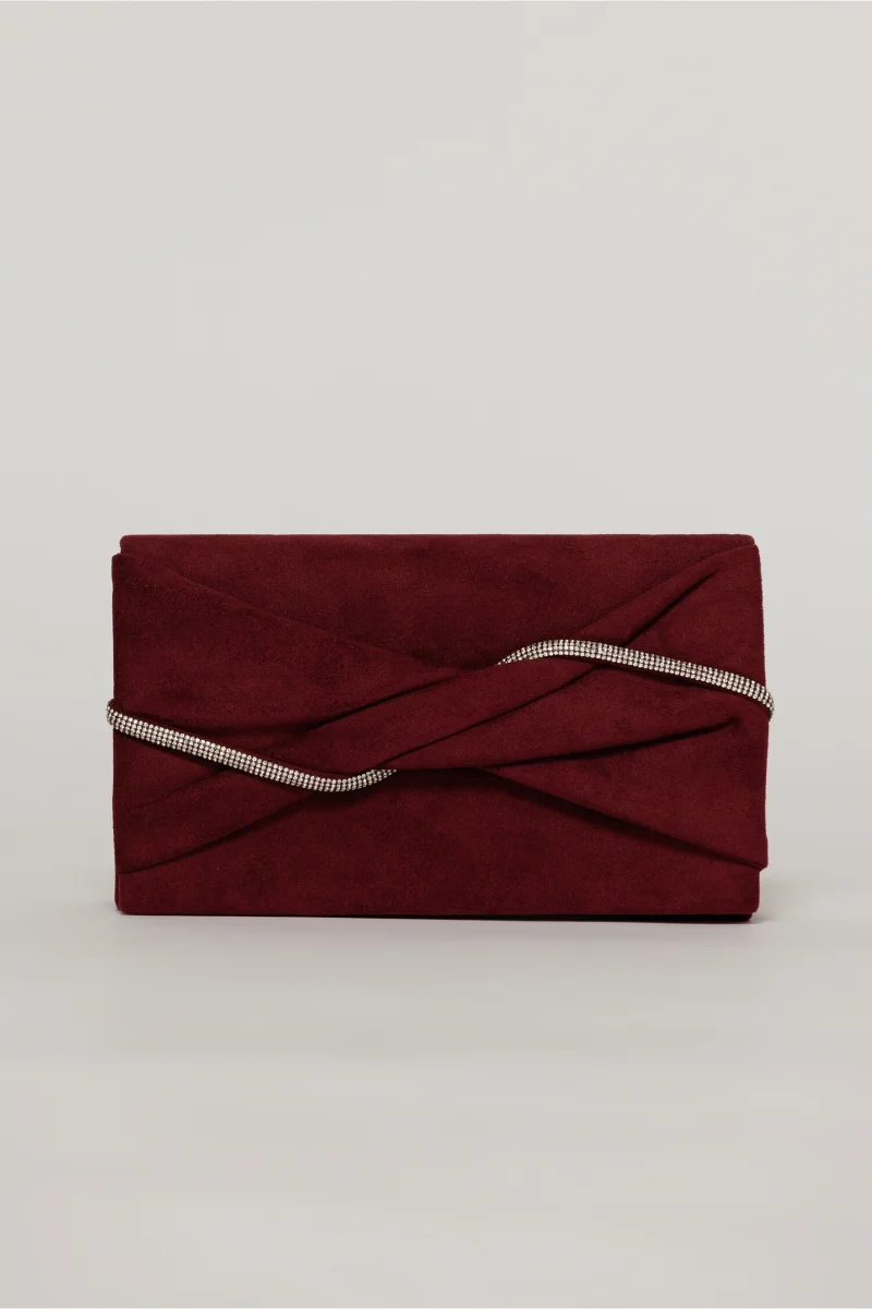 Clutch burgundy elegant cu clapeta design impletit si detalii stralucitoare