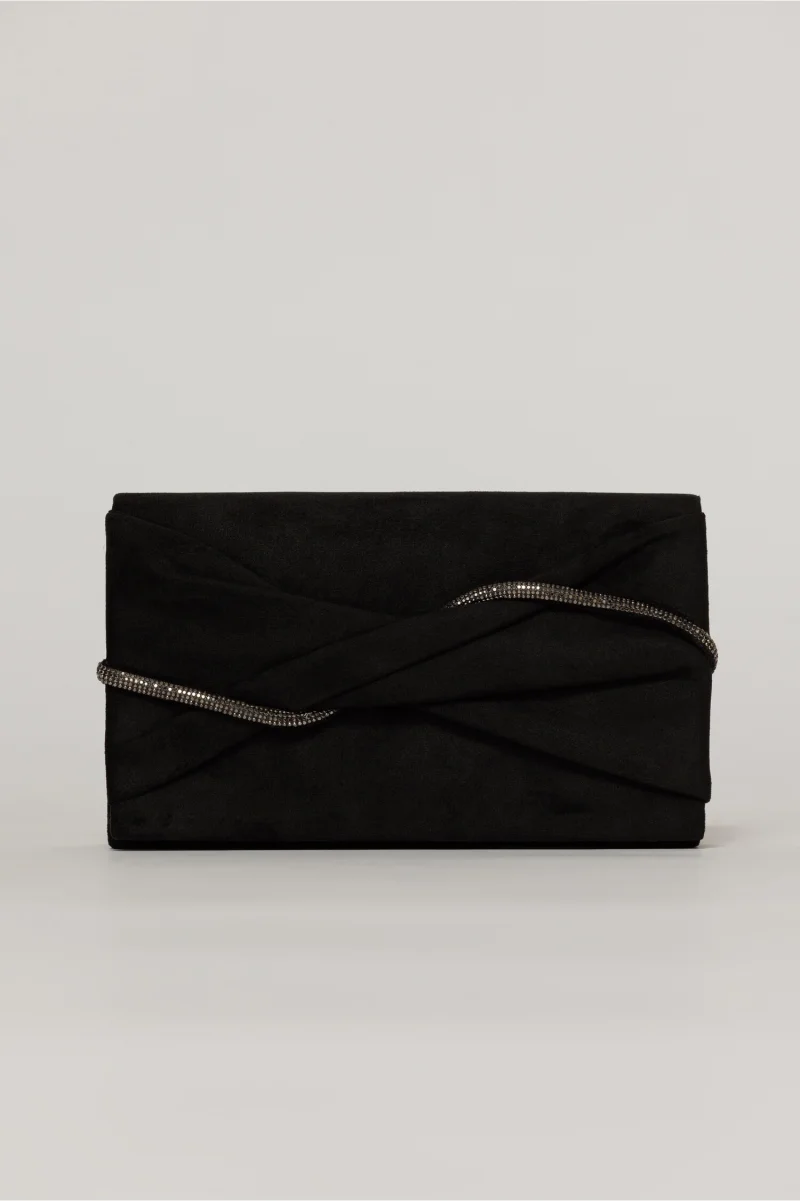 Clutch negru elegant cu clapeta design impletit si detalii stralucitoare gri