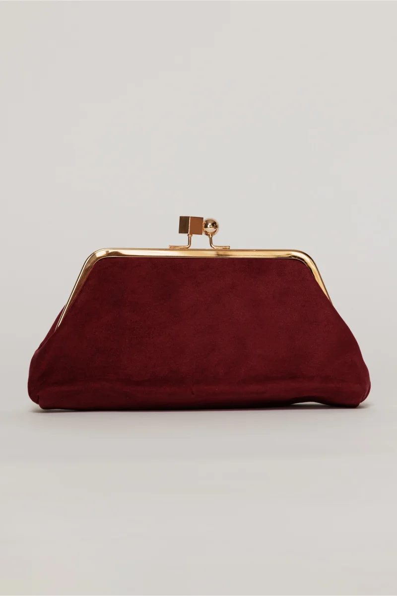 Clutch plic burgundy catifelat cu inchidere metalica aurie