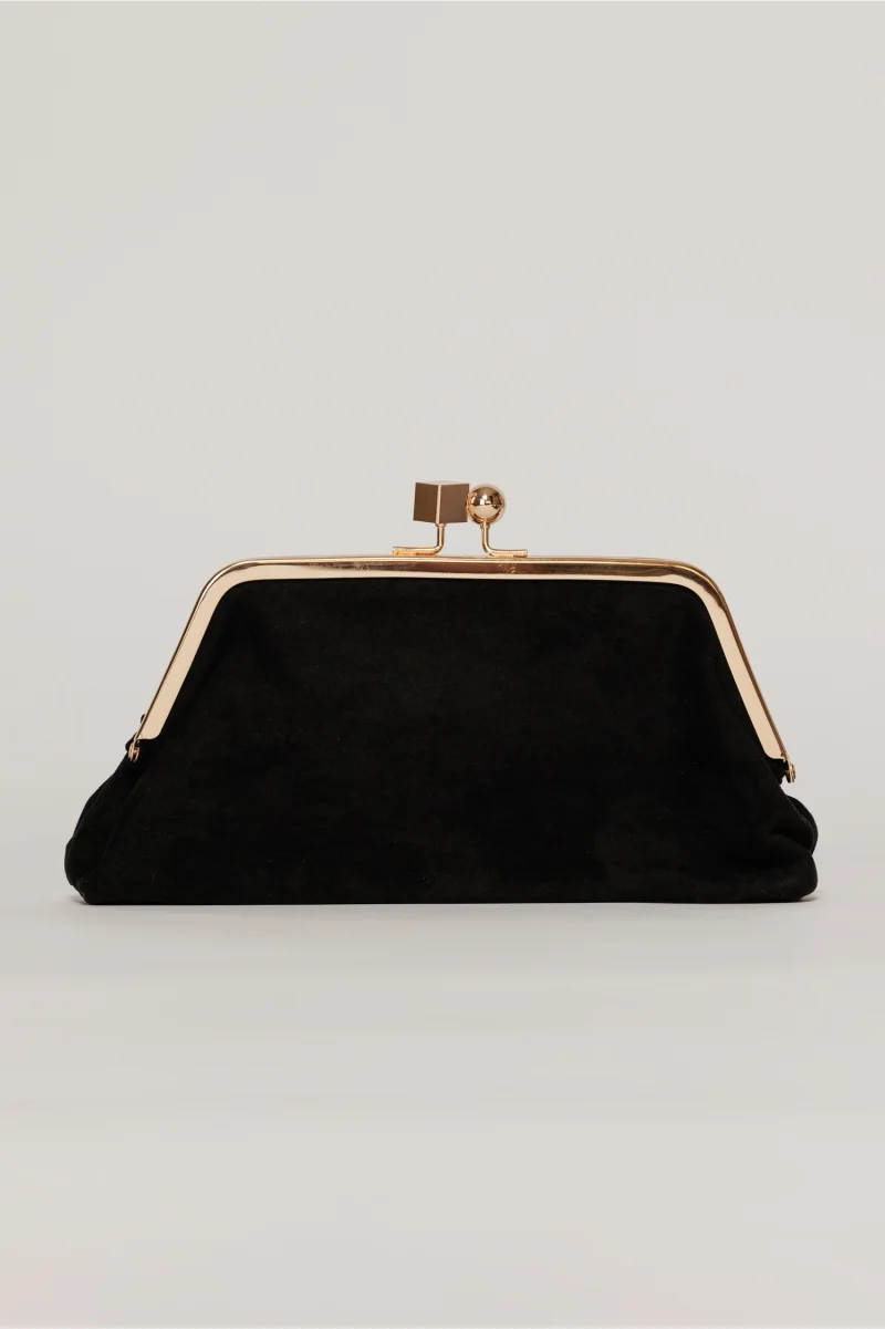 Clutch plic negru catifelat cu inchidere metalica aurie