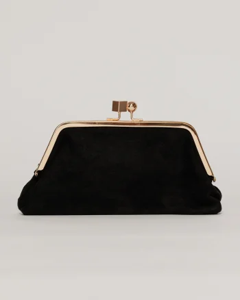 Clutch plic negru catifelat cu inchidere metalica aurie
