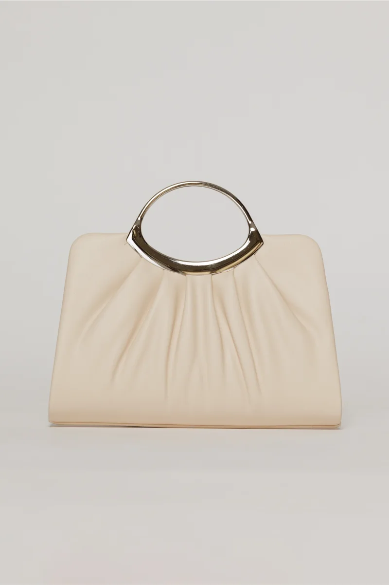 Clutch elegant nude din piele ecologica si maner metalic rotund