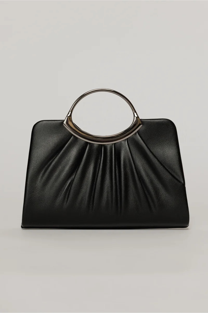 Clutch elegant negru din piele ecologica si maner metalic rotund