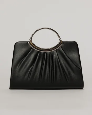Clutch elegant negru din piele ecologica si maner metalic rotund
