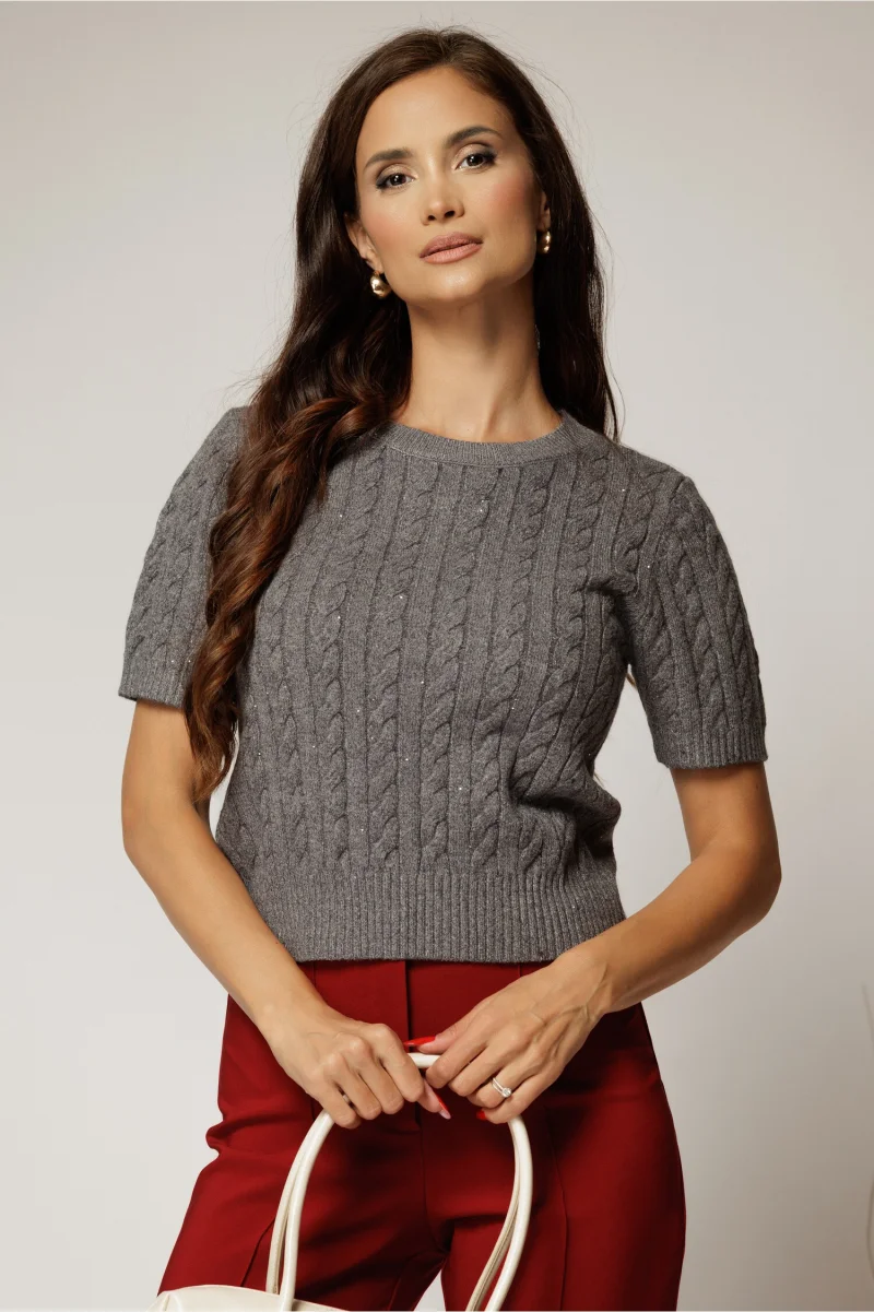 Bluza gri din tricot cu maneca scurta si paiete mici