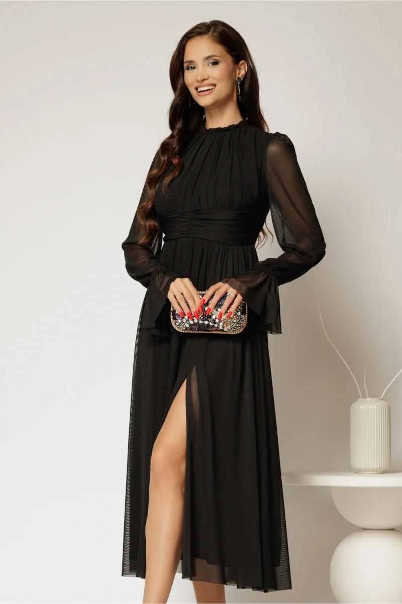 Rochie DY Fashion midi neagra din tulle fin in clos cu crapatura pe picior