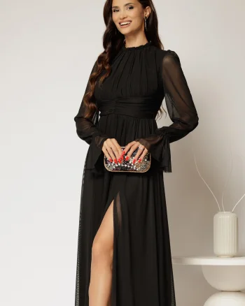 Rochie DY Fashion midi neagra din tulle fin in clos cu crapatura pe picior