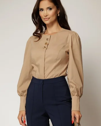 Camasa DY Fashion bej din poplin cu croi cambrat si nasturi decorativi