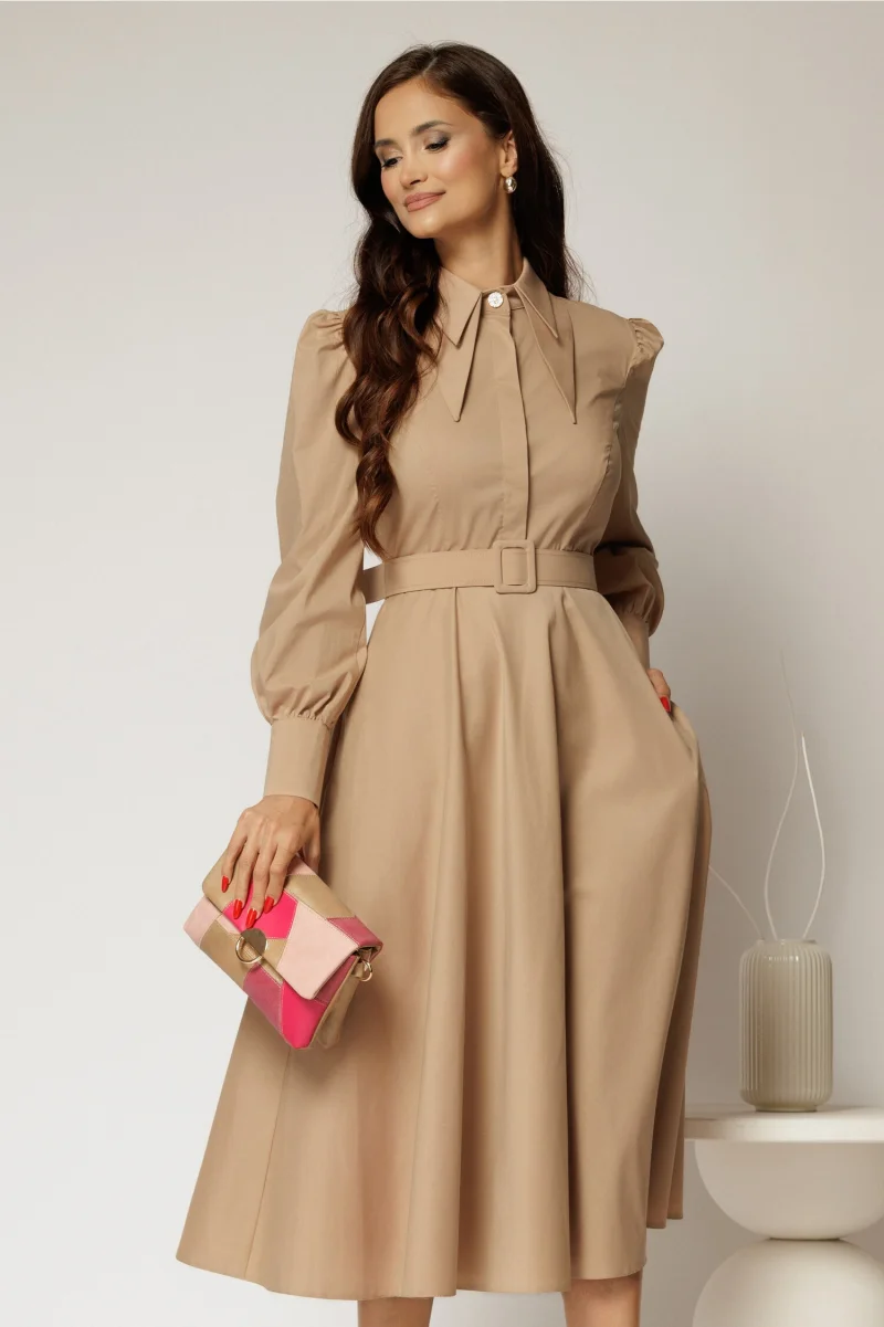 Rochie DY Fashion bej din poplin cu guler dublu si curea in talie