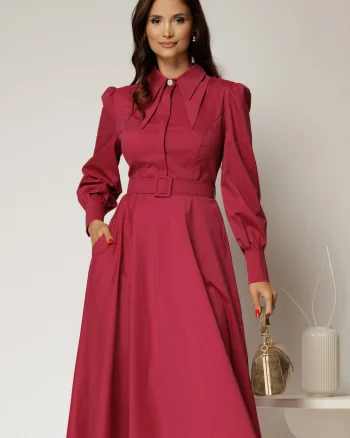 Rochie DY Fashion magenta din poplin cu guler dublu si curea in talie