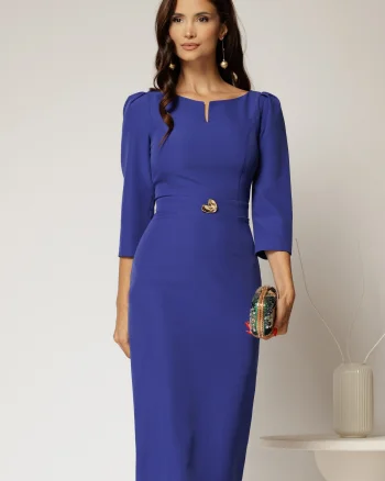 Rochie DY Fashion conica albastra cu decupaj la bust si accesoriu pe talie
