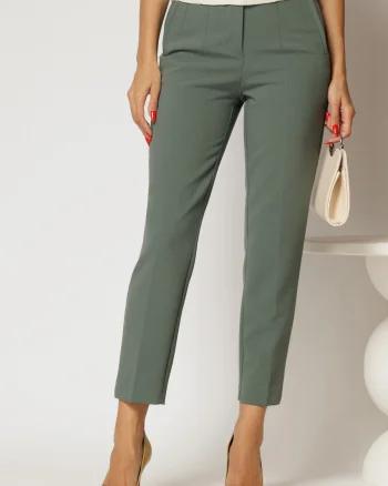 Pantaloni verde kaki cu croi conic si talie inalta