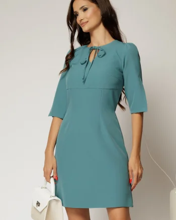 Rochie scurta turcoaz cu snur la decolteu