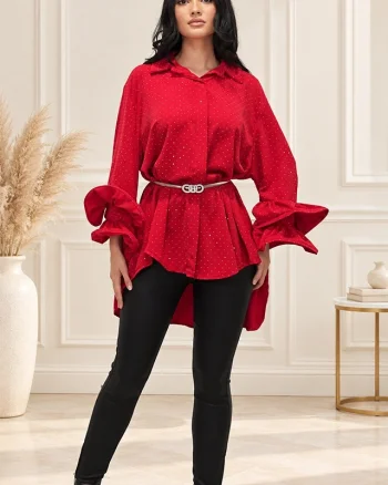 Camasa cu volane si cristale Sugar BLINK, lungime asimetrica, Rosu, Marime S/M/L