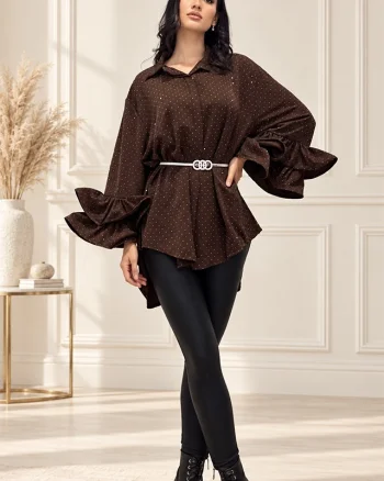 Camasa cu volane si cristale Sugar BLINK, lungime asimetrica, Maro Ciocolata, Marime S/M/L