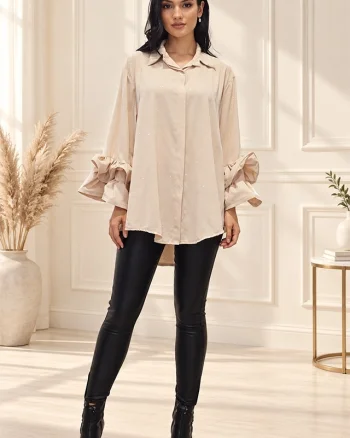 Camasa cu volane si cristale Sugar BLINK, lungime asimetrica, Crem, Marime S/M/L