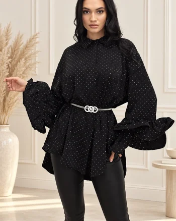Camasa cu volane si cristale Sugar BLINK, lungime asimetrica, Negru, Marime S/M/L