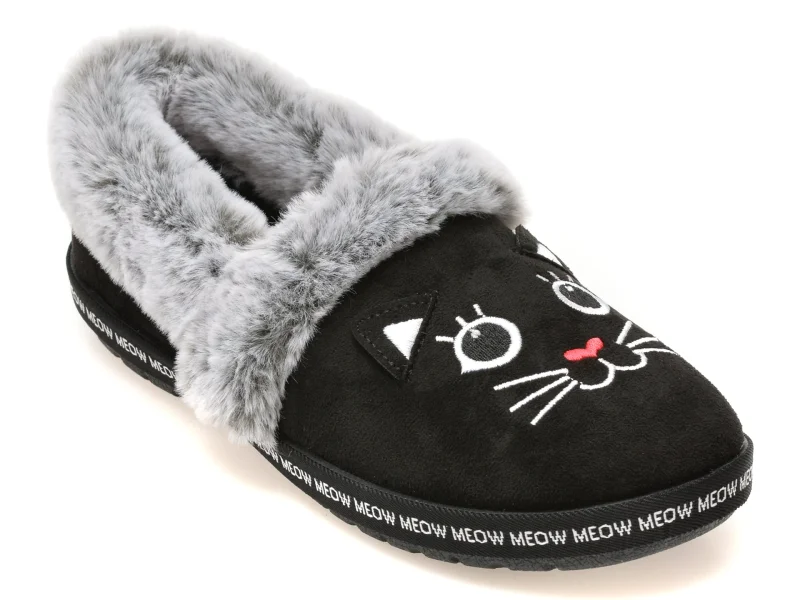 Papuci SKECHERS negri, BOBS TOO COZY, din material textil