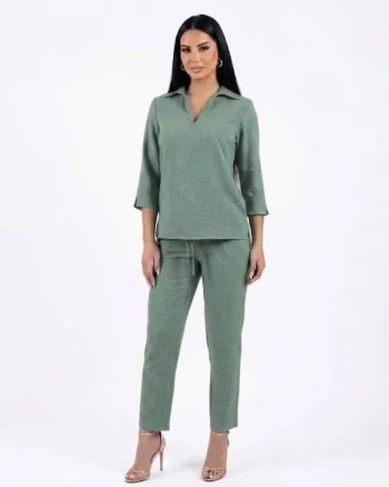 Pantaloni casual kaki din vascoza cu buzunare laterale si snur reglabil