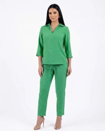 Pantaloni casual verde inchis a din vascoza cu buzunare laterale si snur reglabil
