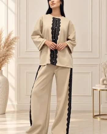 Compleu casual Alberta, cu insertii din dantela si perle, Crem, Marime OneSize