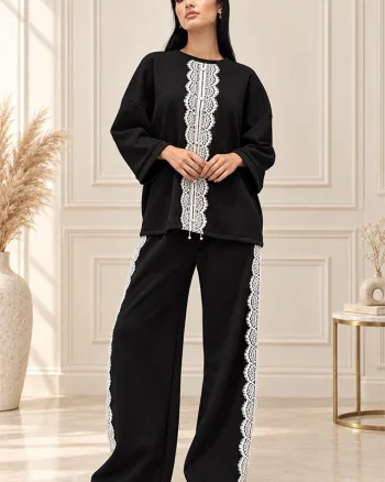 Compleu casual Alberta, cu insertii din dantela si perle, Negru, Marime OneSize
