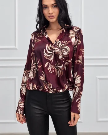 Cămașă casual ANELIS, cu efect petrecut și croială asimetrică, Burgundy, Marime S/M