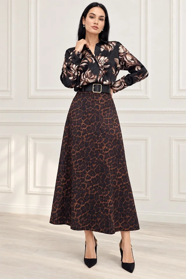 Fusta midi Chantaly, cu aspect catifelat si curea neagra, Maro Leopard, Marime S/M
