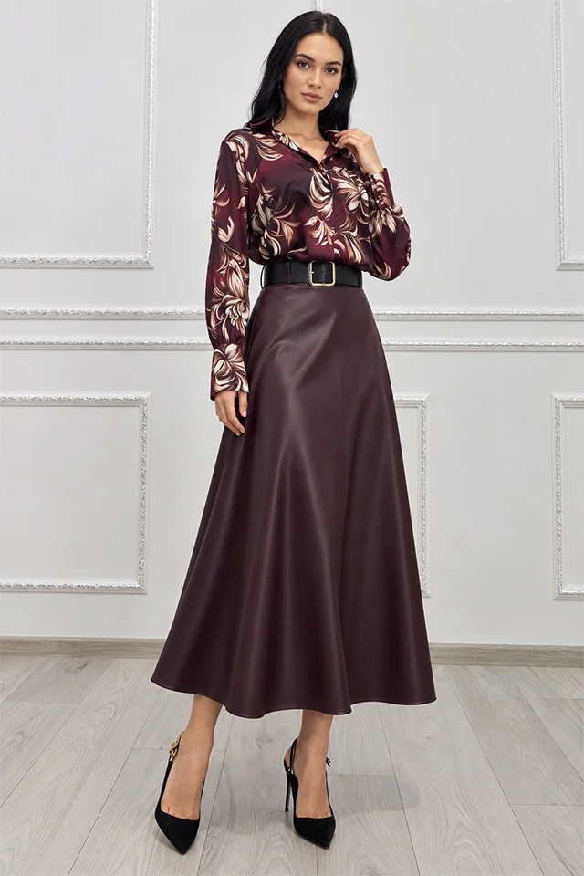 Fusta evazata Clementina, croi midi si curea inclusa, Burgundy, Marime S/M