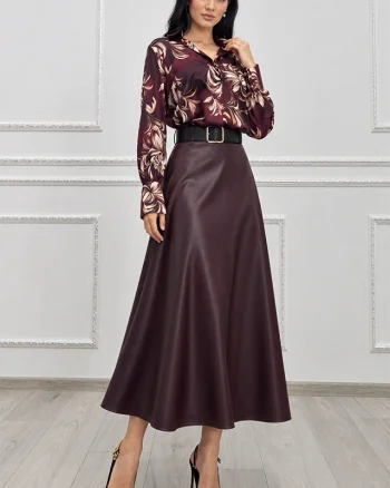 Fusta evazata Clementina, croi midi si curea inclusa, Burgundy, Marime S/M