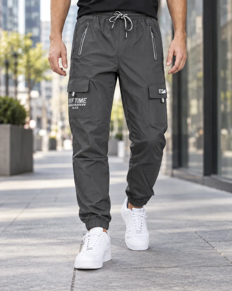 Pantaloni Fas Barbati Cargo, Material Subtire si Usor, Buzunare cu Fermoar, Talie Elastica, Gri Inchis 8301