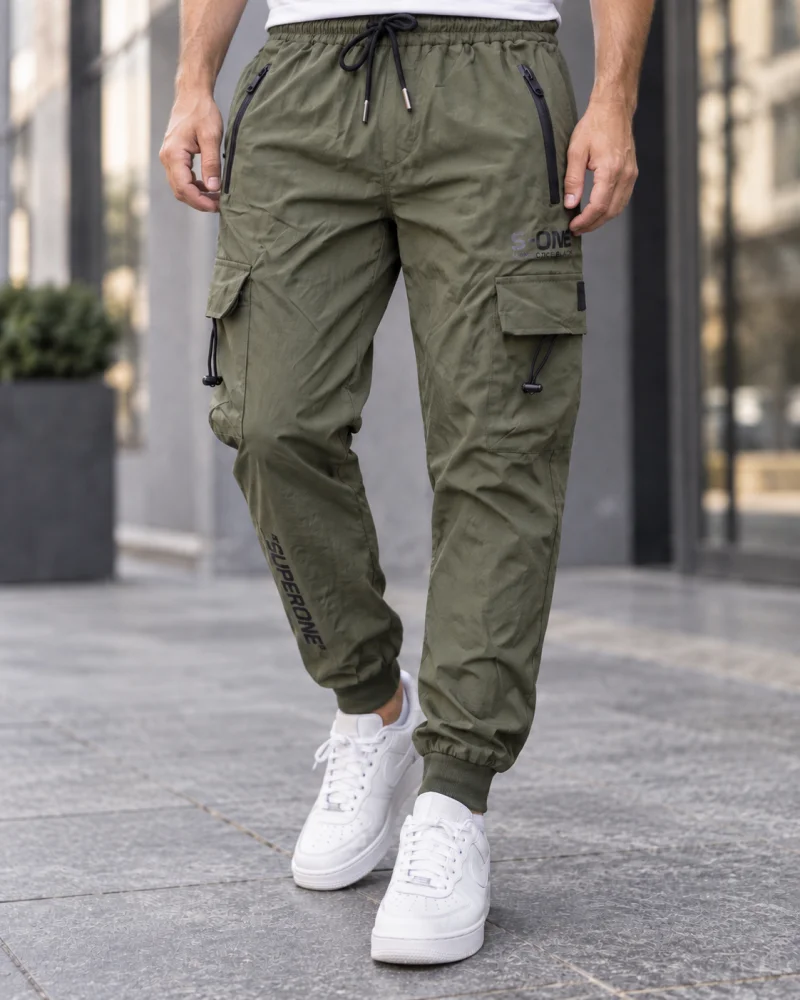 Pantaloni Fas Barbati Cargo, Material Subtire si Usor, Buzunare cu Fermoar, Talie Elastica, kaki 8255