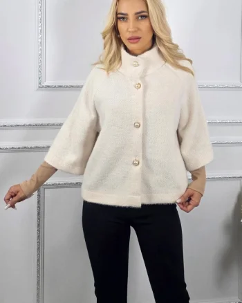 Capa cu maneca trei sferturi, VORRA si butoni perla, Alb, Marime S/M
