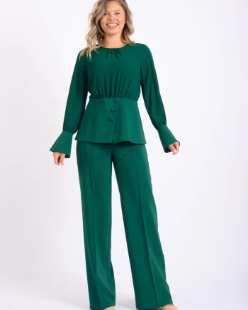 Compleu elegant format din bluza cu design deosebit si pantaloni drepti